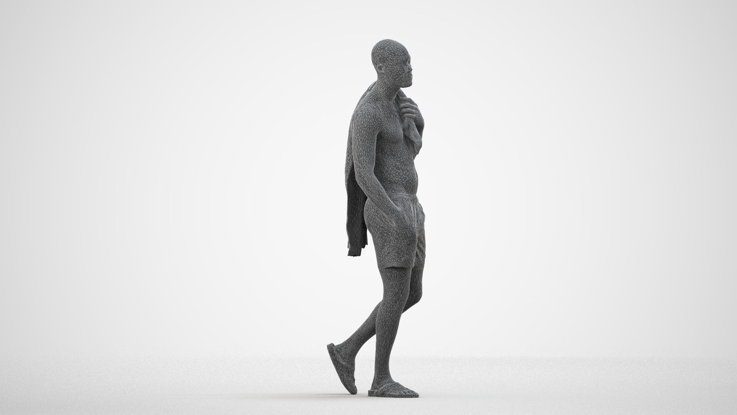 3D human model man pool, photogrammetry scanned person for archviz, wireframe side view