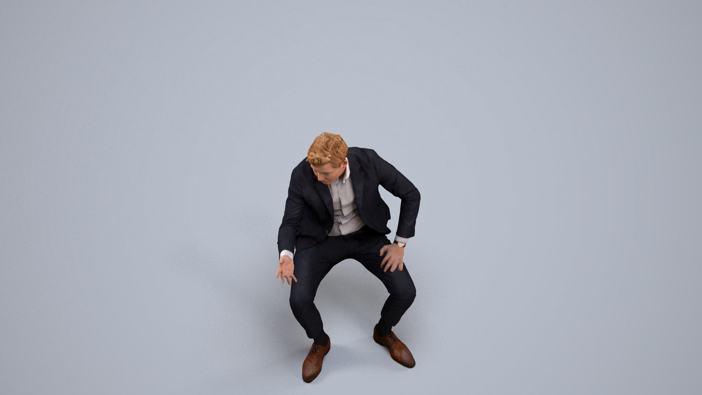 3D human model man business, photogrammetry scanned person for archviz, back view render