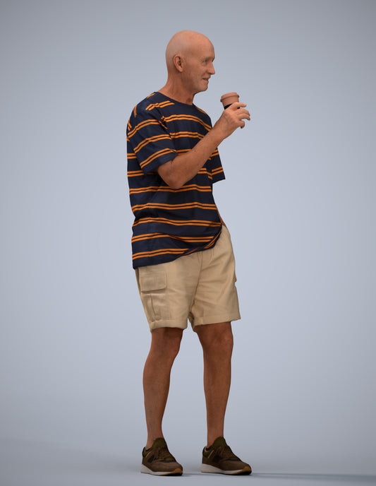 3D human model senior man casual standing, photogrammetry scanned person for archviz