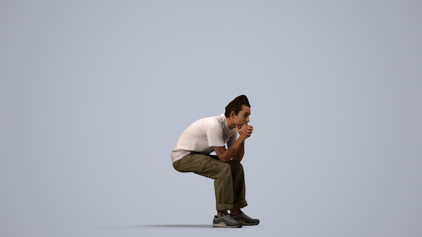 realistic 3D man casual sitting, scanned archviz people for Blender and 3ds Max, side view render