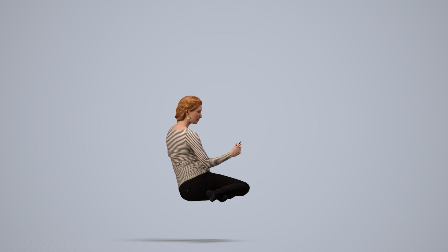 photogrammetry 3D woman casual sitting, realistic human model archviz FBX, side view render