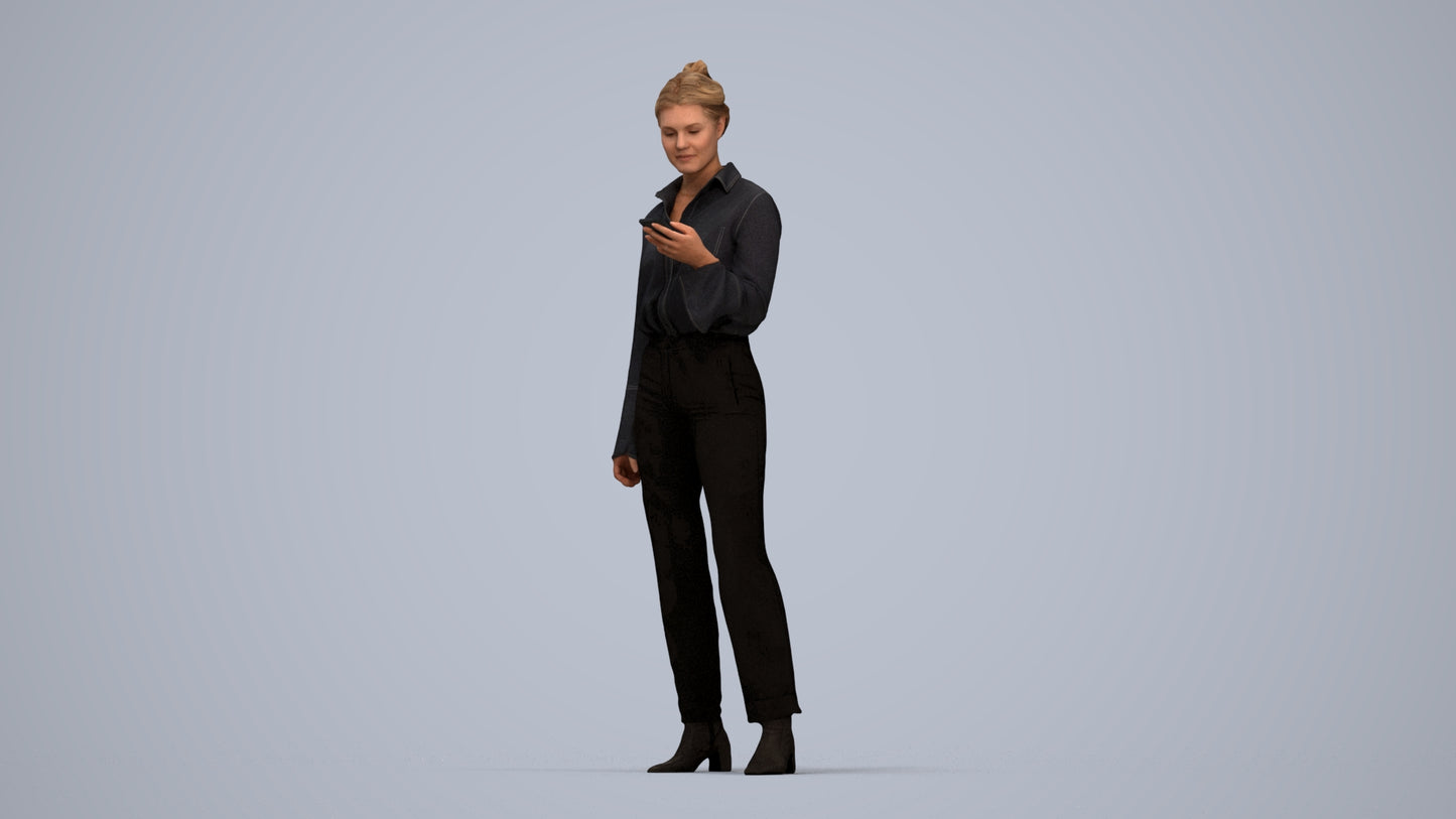 realistic 3D woman business standing, scanned archviz people for Blender and 3ds Max, top-down view render