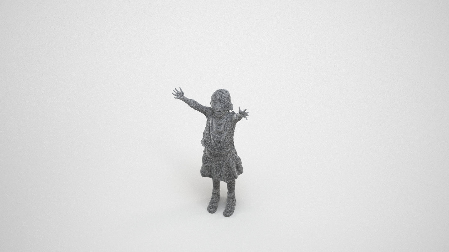 3D scanned girl kids casual, photorealistic archviz people for Enscape and SketchUp, wireframe three-quarter view
