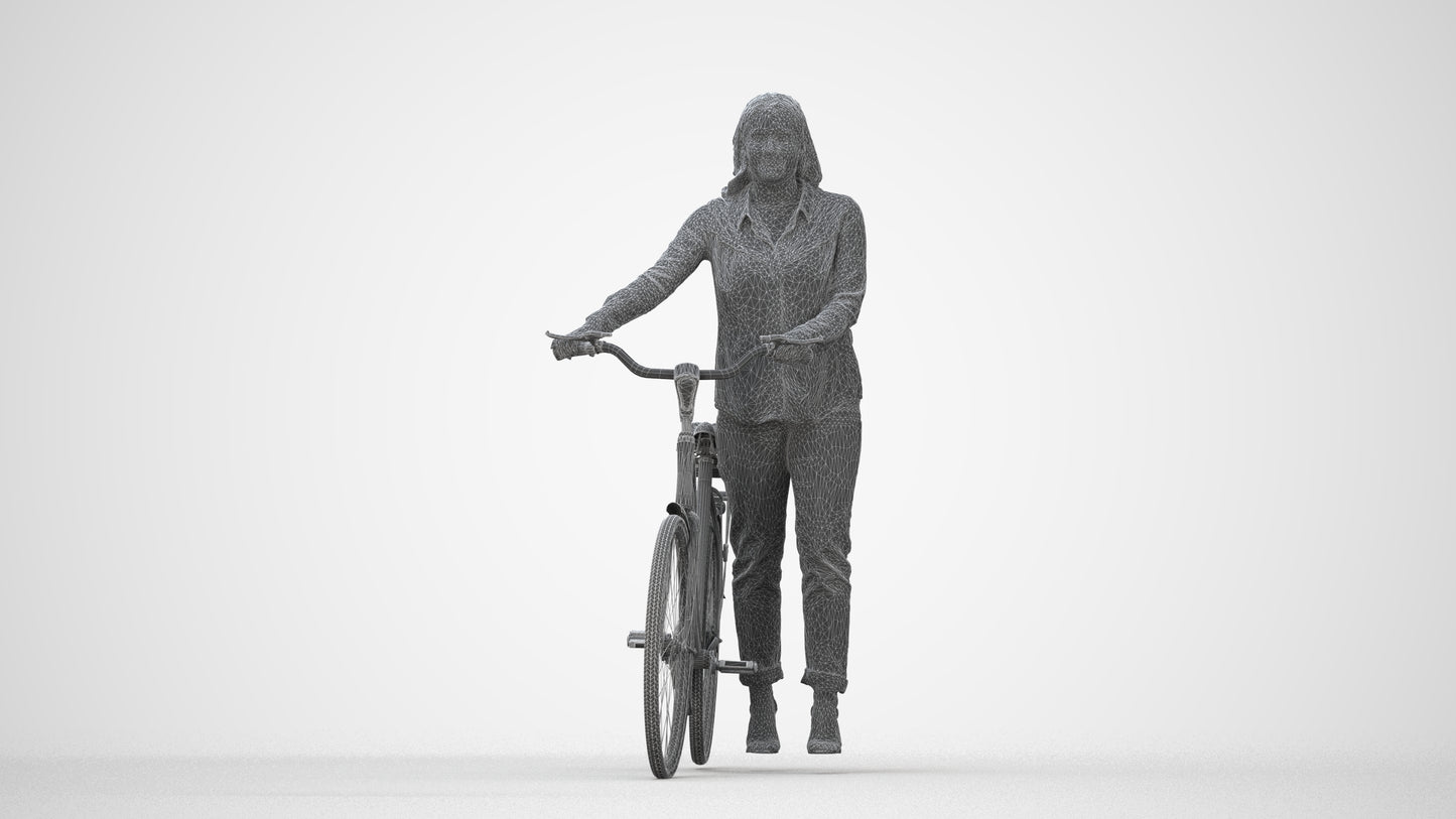 3D human model woman casual walking, photogrammetry scanned person for archviz, wireframe back view