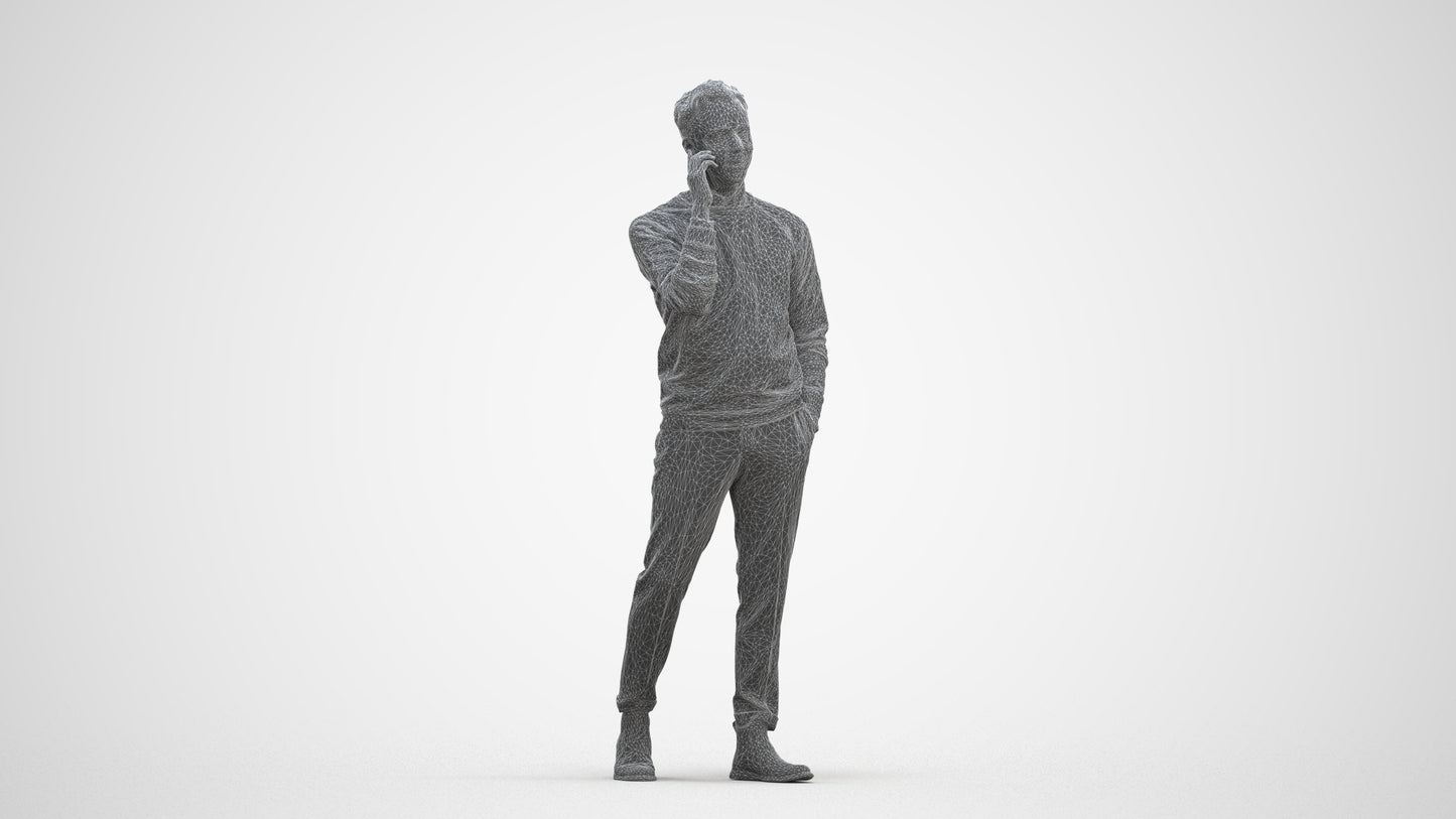 3D human model man casual walking, photogrammetry scanned person for archviz, three-quarter front view render