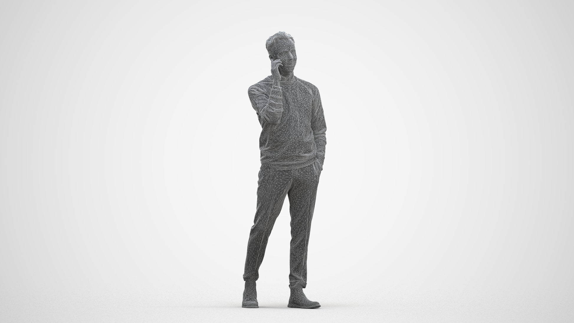 3D human model man casual walking, photogrammetry scanned person for archviz, three-quarter front view render