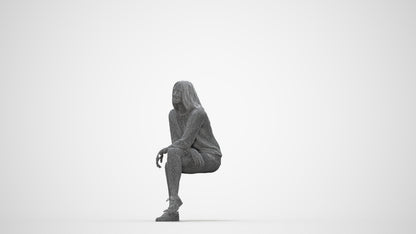 3D people model woman casual sitting, scanned human for 3ds Max rendering, wireframe back view