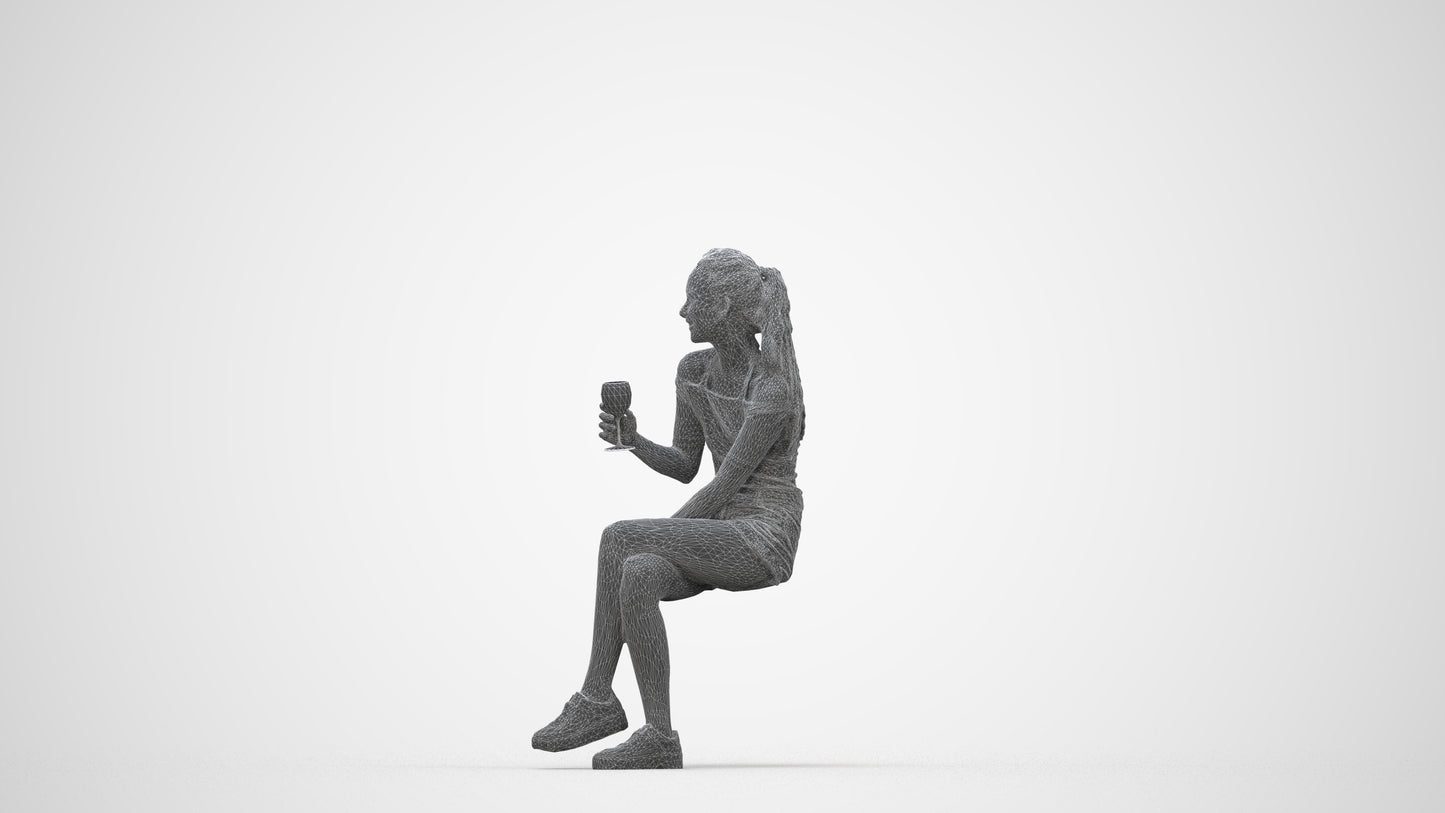 photogrammetry 3D woman casual sitting, realistic human model archviz FBX, wireframe back view