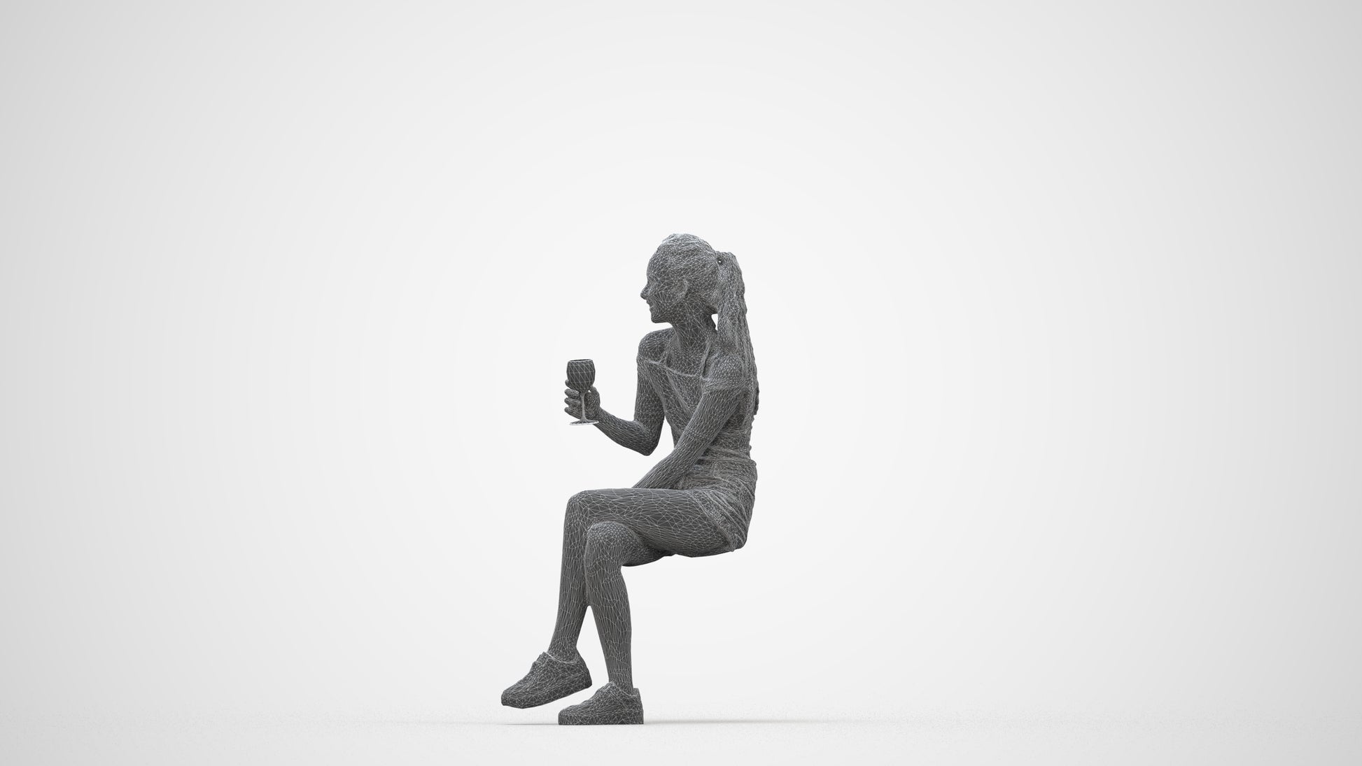 photogrammetry 3D woman casual sitting, realistic human model archviz FBX, wireframe back view