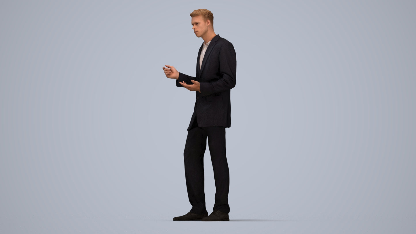 3D human model man business, photogrammetry scanned person for archviz, top-down view render