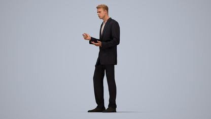 3D human model man business, photogrammetry scanned person for archviz, top-down view render