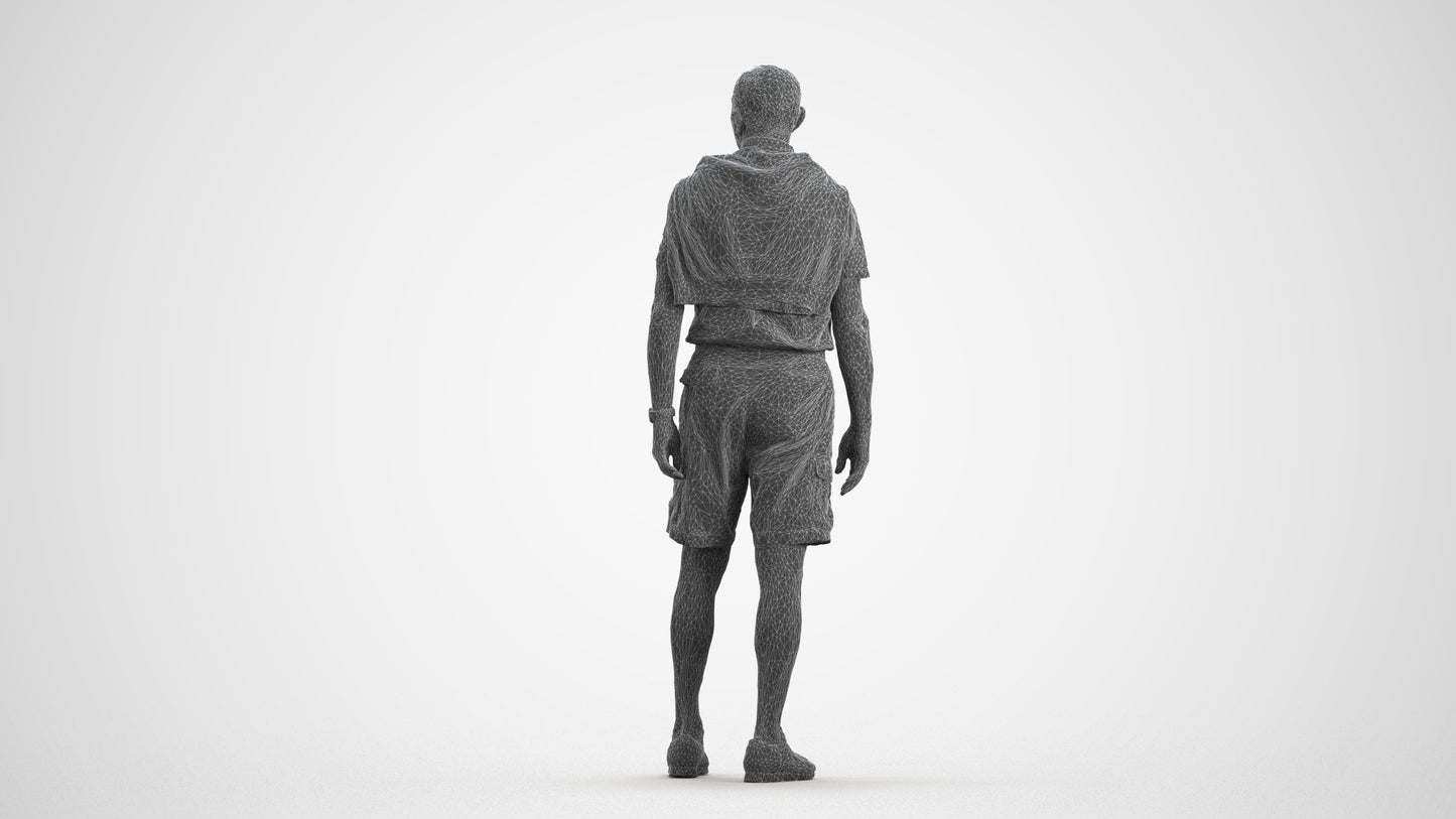 3D scanned senior man standing casual, photorealistic archviz people for Enscape and SketchUp, wireframe front view