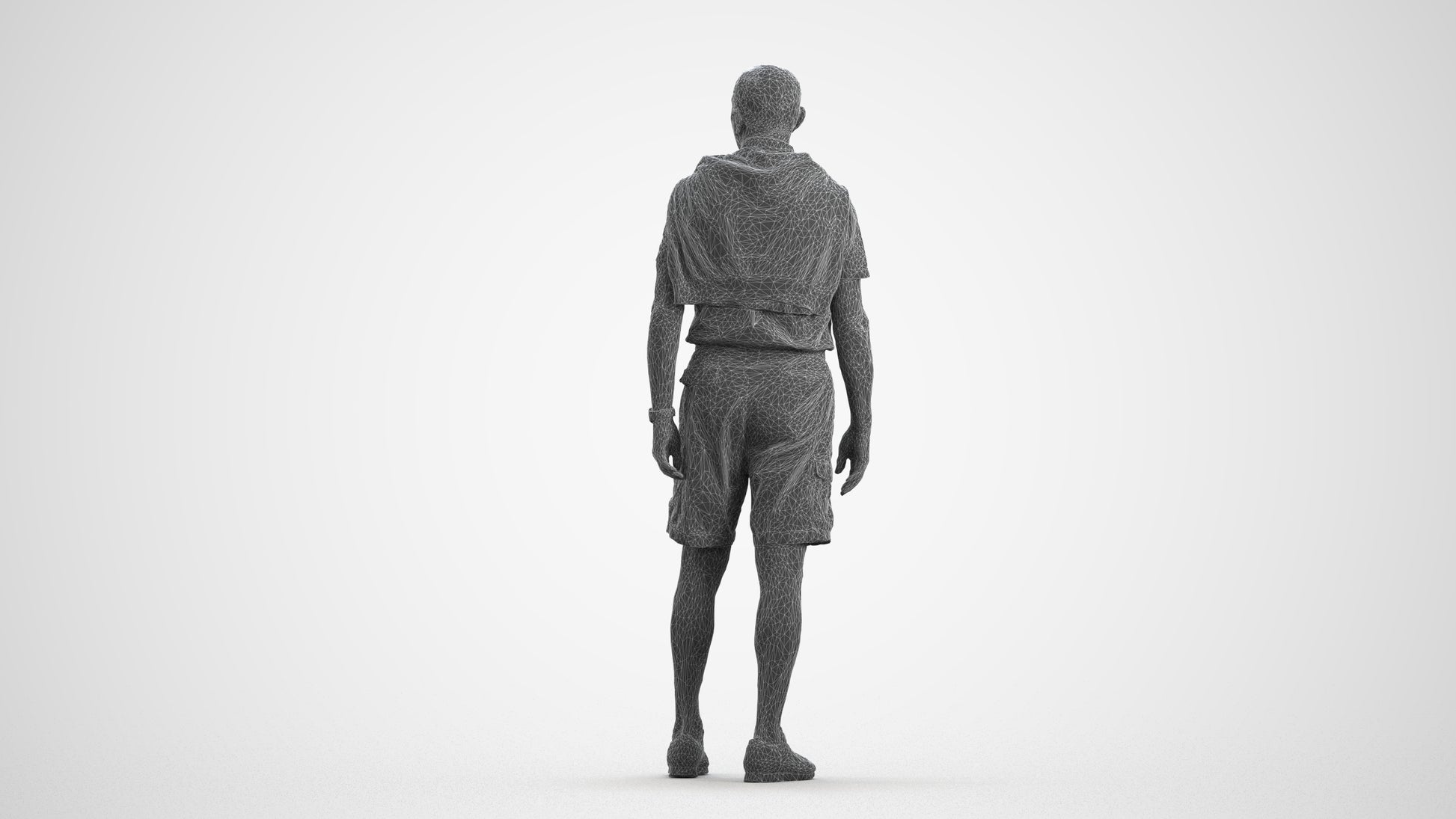 3D scanned senior man standing casual, photorealistic archviz people for Enscape and SketchUp, wireframe front view