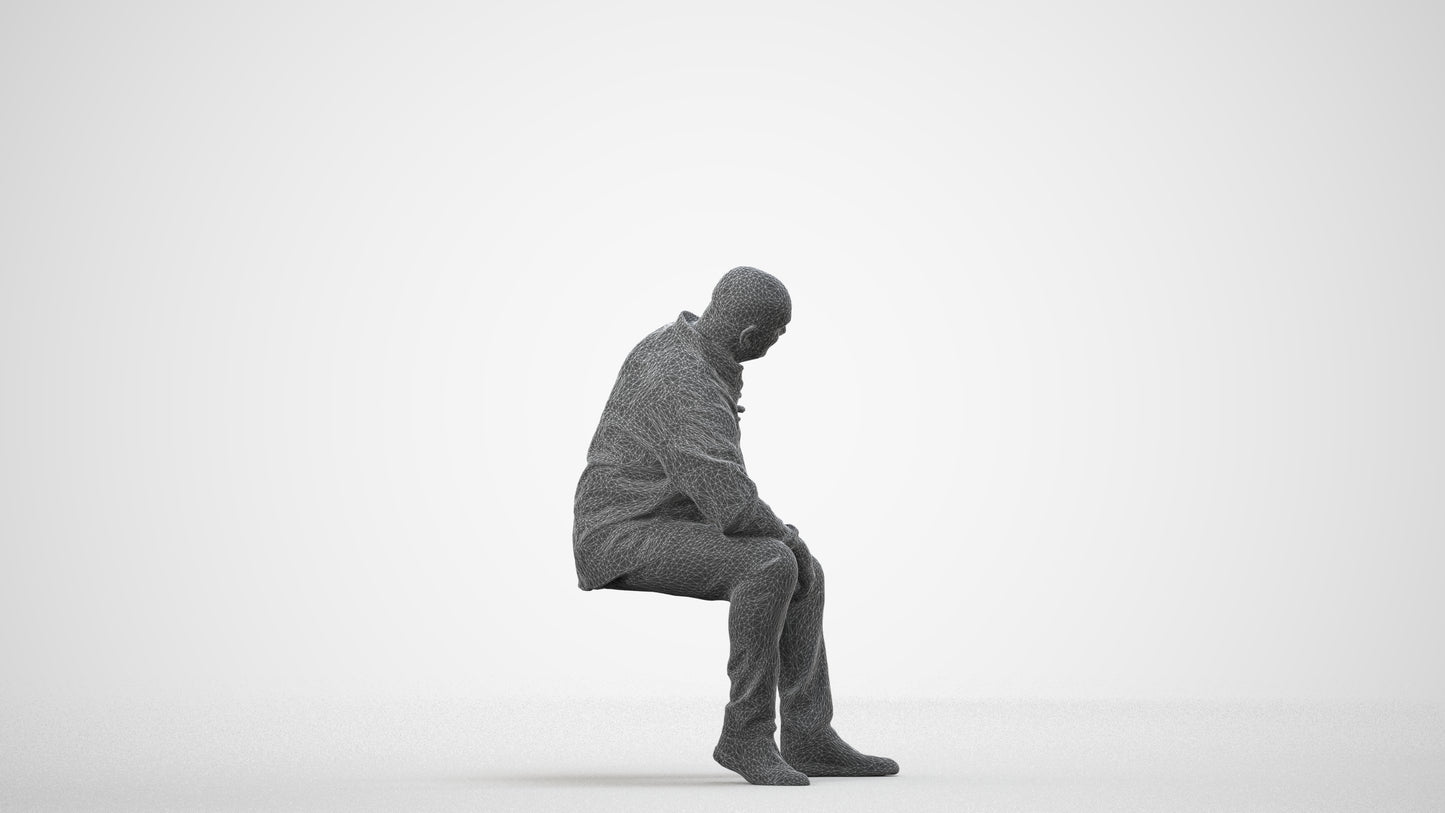 scanned 3D senior man casual sitting, photogrammetry people for Enscape and V-Ray, wireframe side view