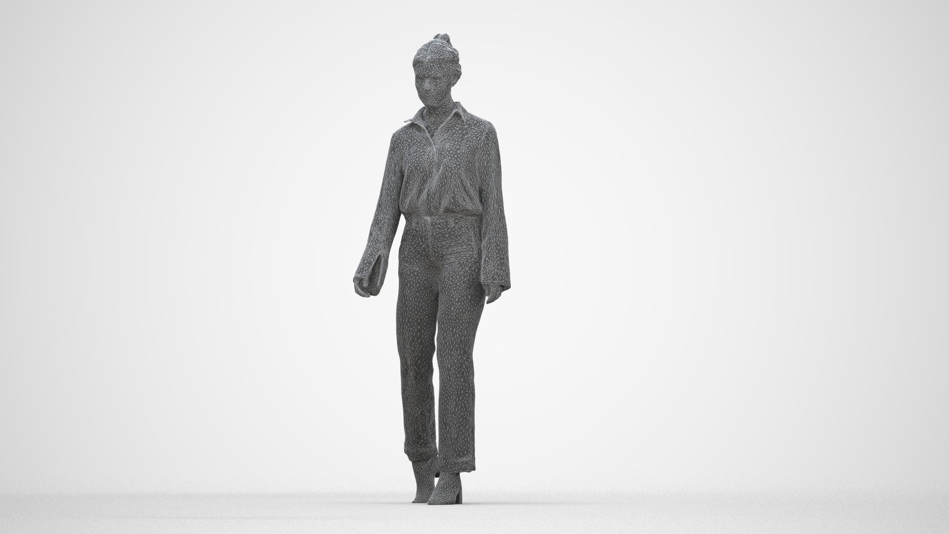 3D human model woman business walking, photogrammetry scanned person for archviz, wireframe back view