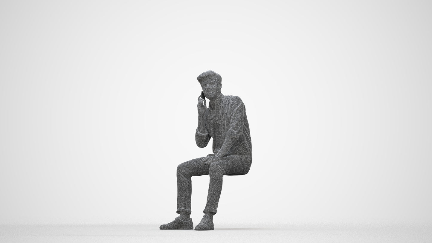 3D scanned man sitting casual, photorealistic archviz people for Enscape and SketchUp, wireframe back view