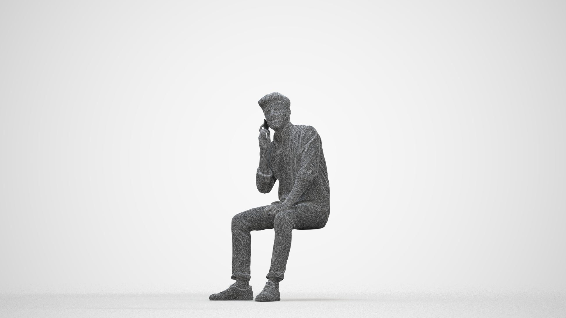 3D scanned man sitting casual, photorealistic archviz people for Enscape and SketchUp, wireframe back view