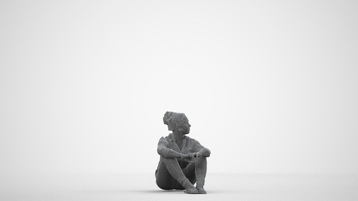 photogrammetry 3D woman casual sitting, realistic human model archviz FBX, wireframe side view