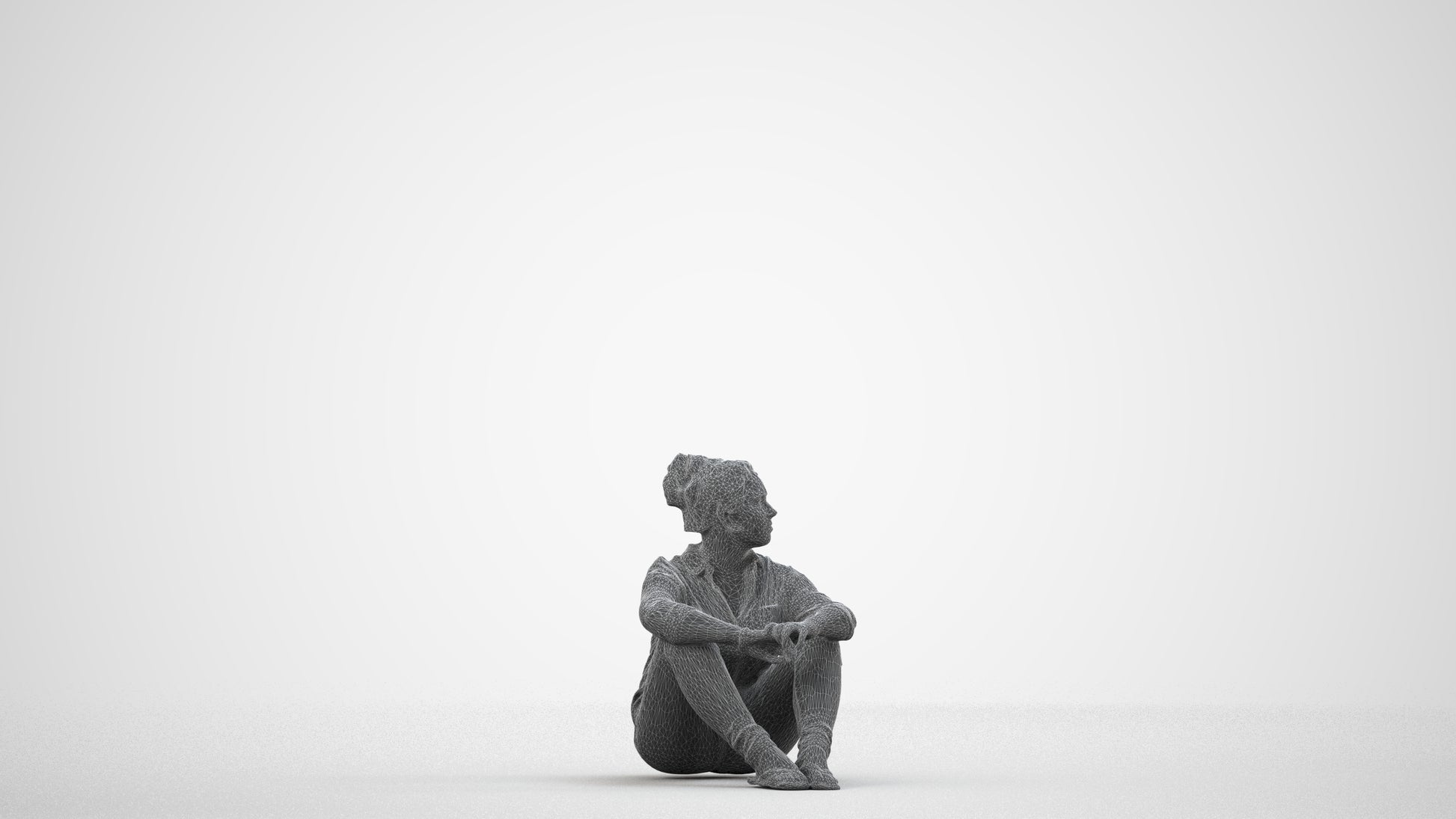 photogrammetry 3D woman casual sitting, realistic human model archviz FBX, wireframe side view