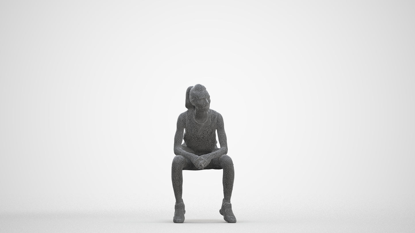 3D human model woman sport, photogrammetry scanned person for archviz, three-quarter front view render