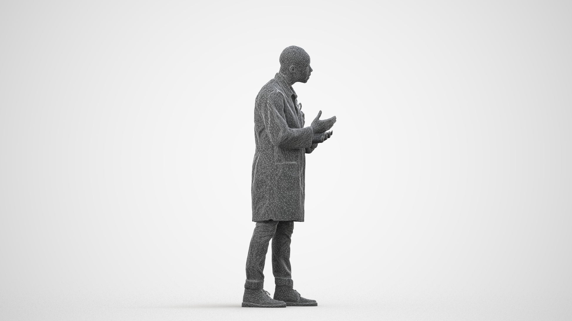 3D scanned man standing, photorealistic archviz people for Enscape and SketchUp, wireframe side view