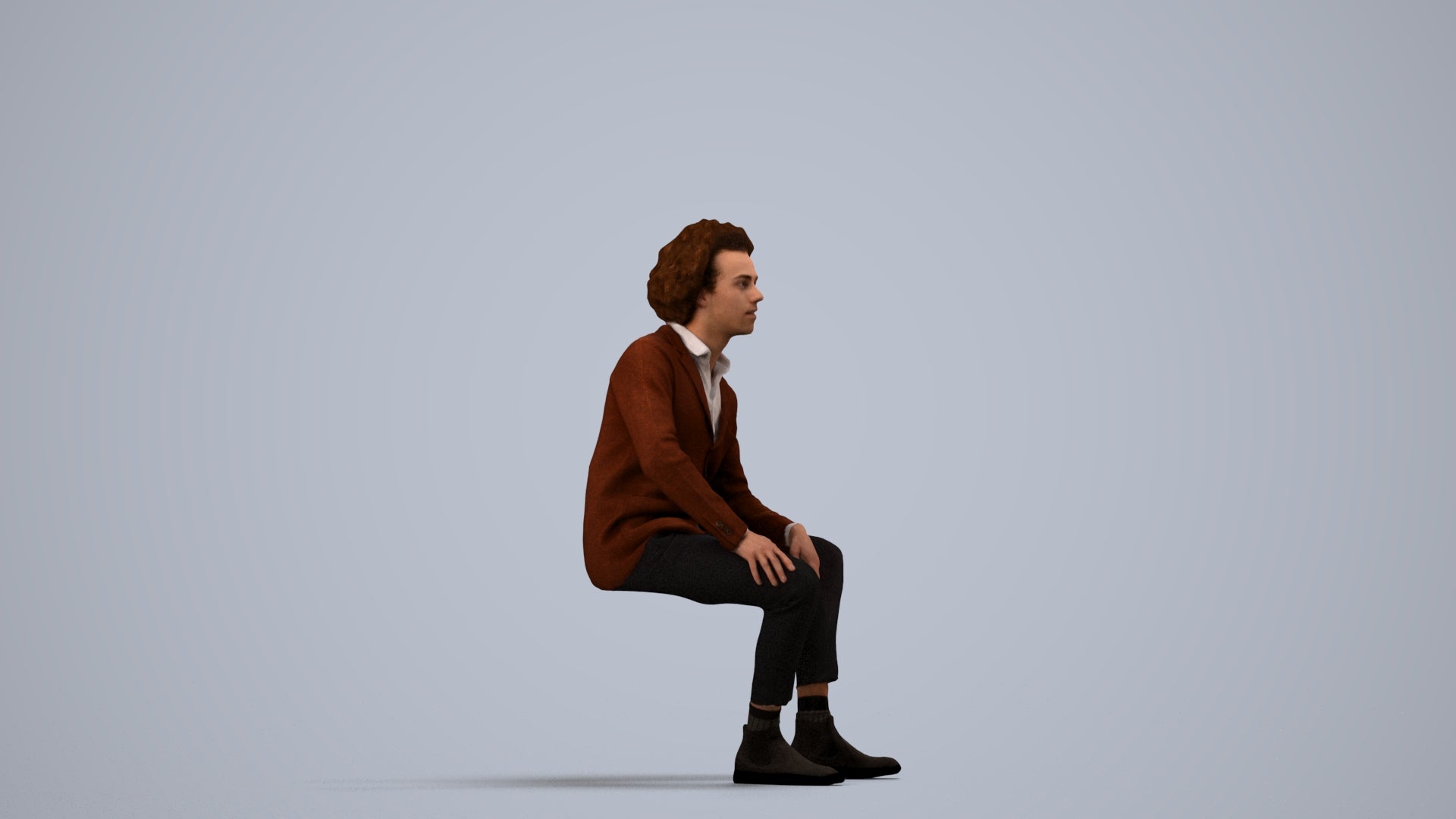 3D human model man business sitting, photogrammetry scanned person for archviz, side view render