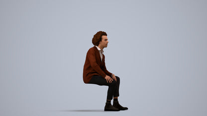 3D human model man business sitting, photogrammetry scanned person for archviz, side view render