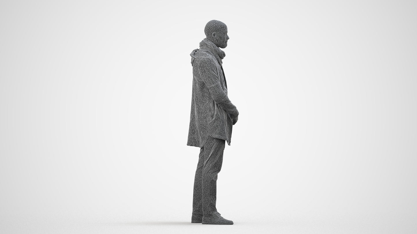 realistic 3D man casual standing, scanned archviz people for Blender and 3ds Max, wireframe side view