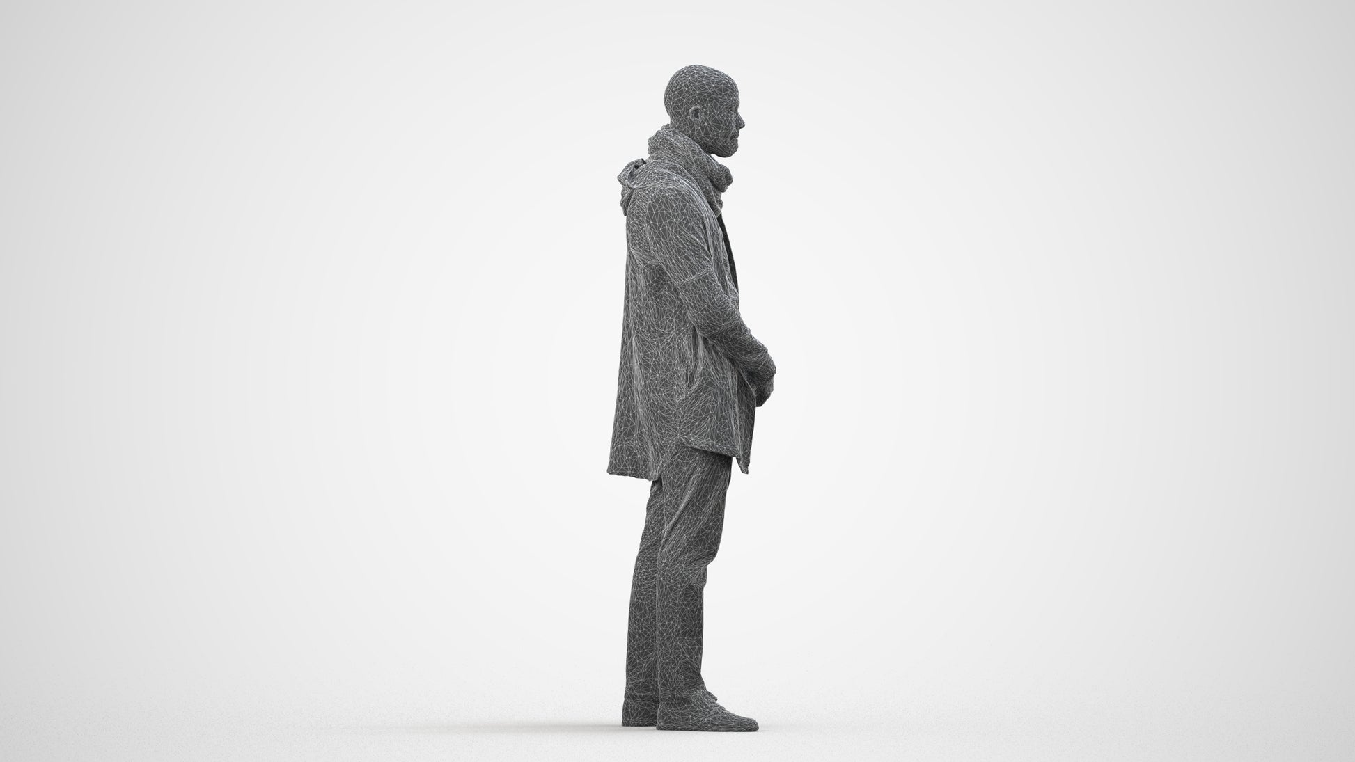 realistic 3D man casual standing, scanned archviz people for Blender and 3ds Max, wireframe side view