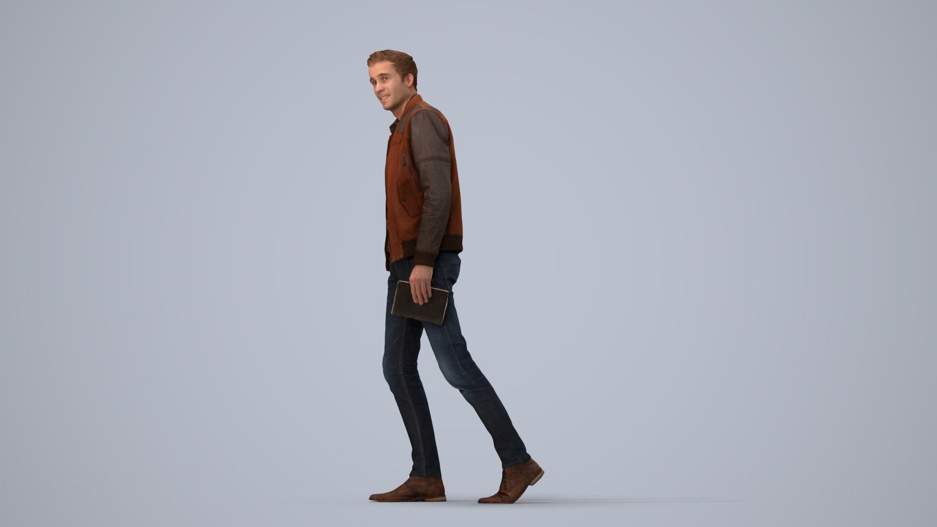 3D people model man casual walking, scanned human for 3ds Max rendering, three-quarter view render