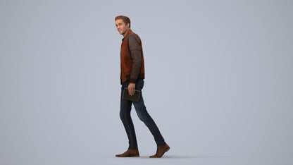 3D people model man casual walking, scanned human for 3ds Max rendering, three-quarter view render