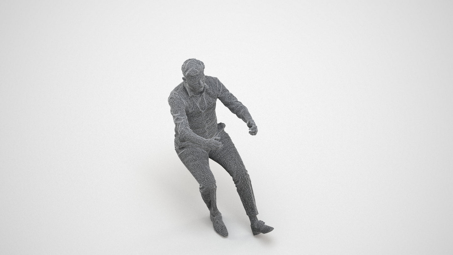 3D human model man casual driving, photogrammetry scanned person for archviz, wireframe three-quarter view