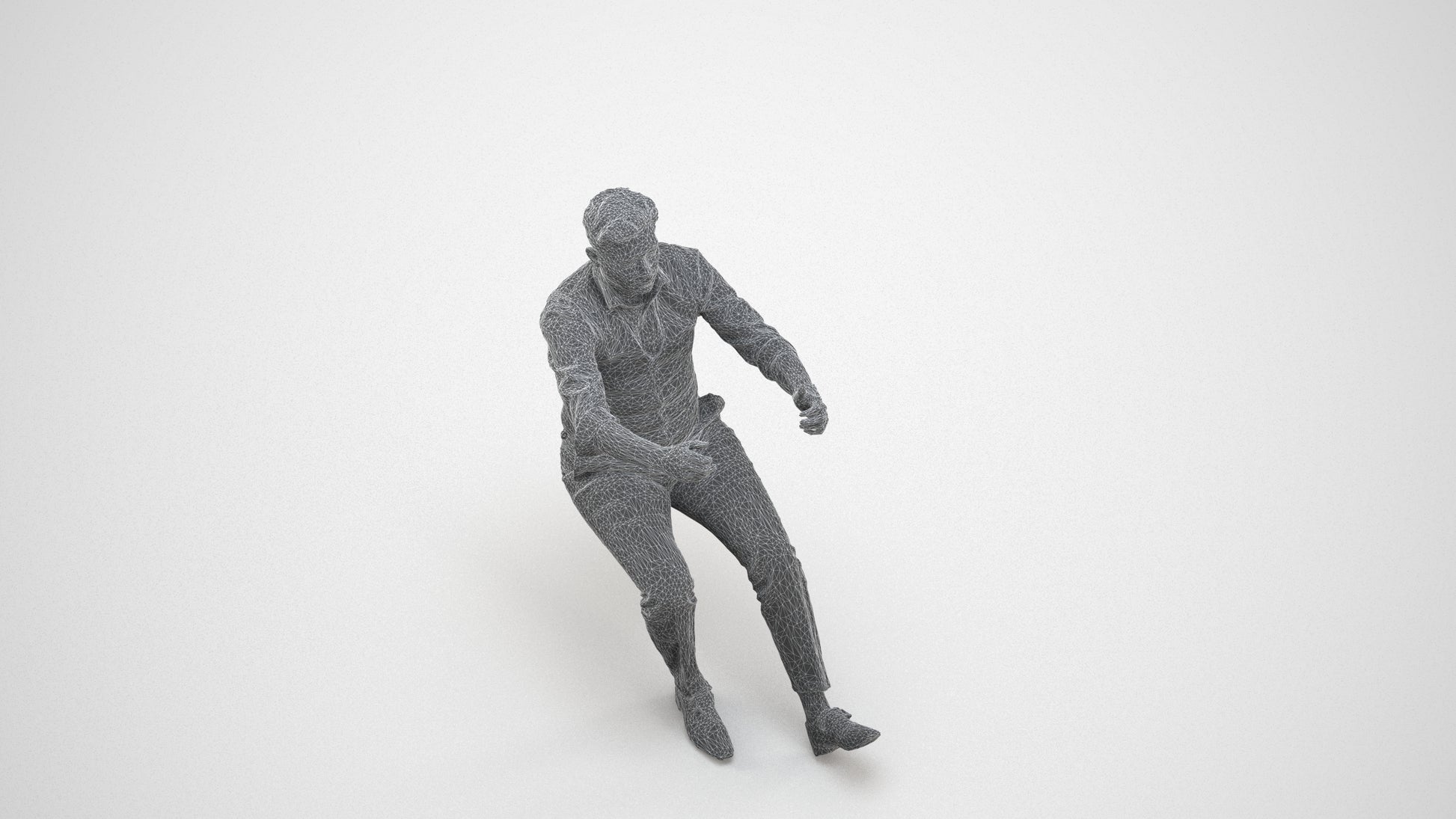 3D human model man casual driving, photogrammetry scanned person for archviz, wireframe three-quarter view