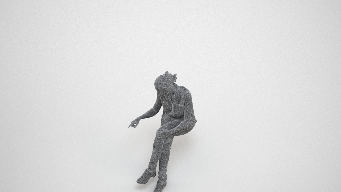 realistic 3D people woman casual sitting, render-ready for V-Ray and Corona, FBX OBJ, wireframe three-quarter view