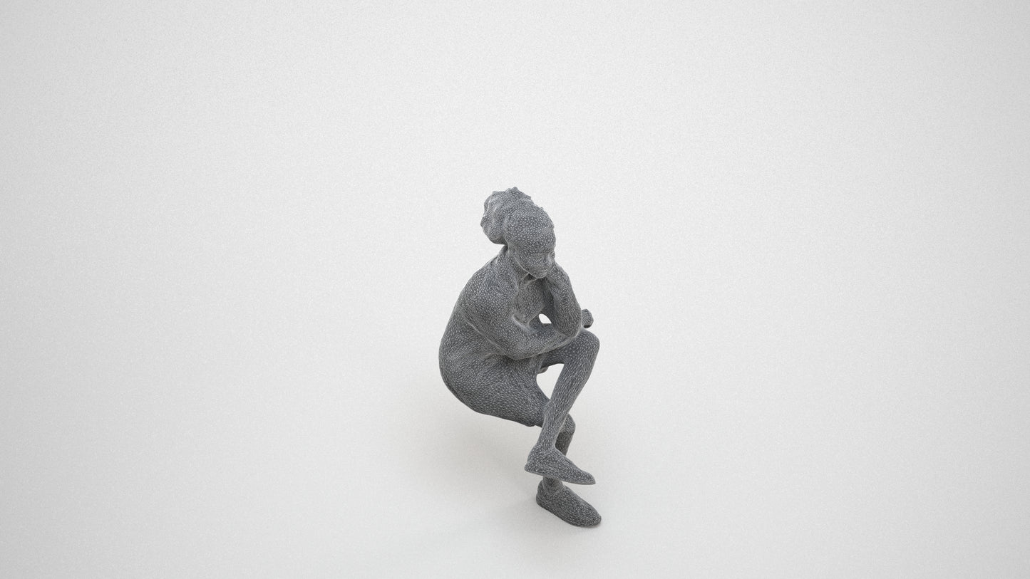 realistic 3D human woman casual sitting, archviz people FBX OBJ for Blender, wireframe three-quarter view