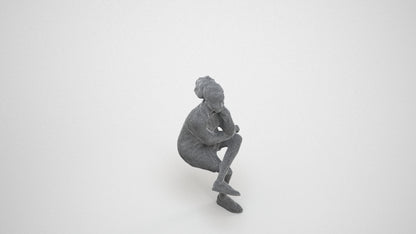 realistic 3D human woman casual sitting, archviz people FBX OBJ for Blender, wireframe three-quarter view