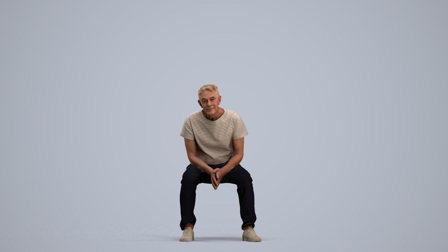 3D people model senior man casual sitting, scanned human for 3ds Max rendering, standing pose render