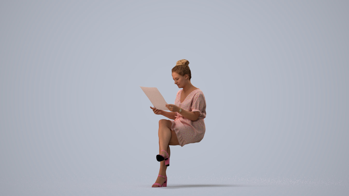photogrammetry 3D woman casual sitting, realistic human model archviz FBX, three-quarter view render