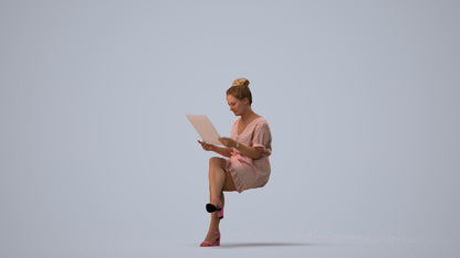 photogrammetry 3D woman casual sitting, realistic human model archviz FBX, three-quarter view render