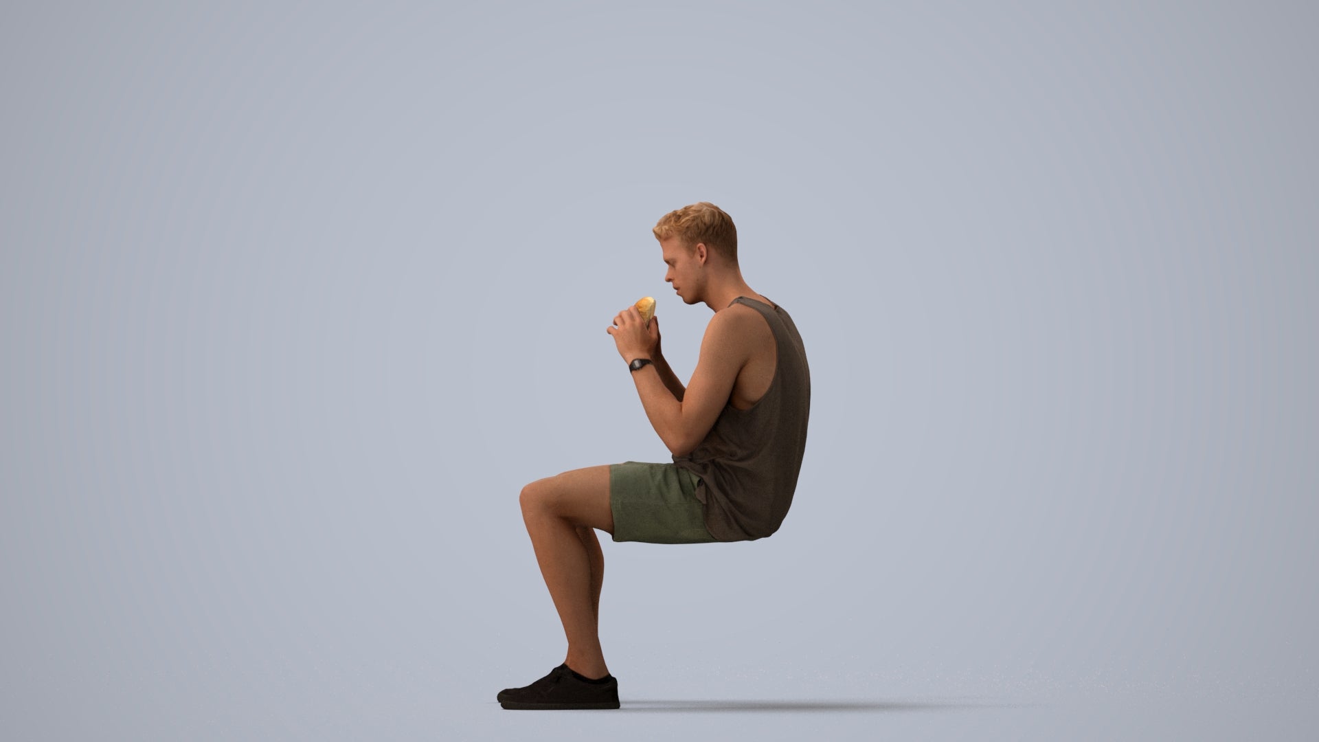 3D scanned man sitting casual, photorealistic archviz people for Enscape and SketchUp, three-quarter view render