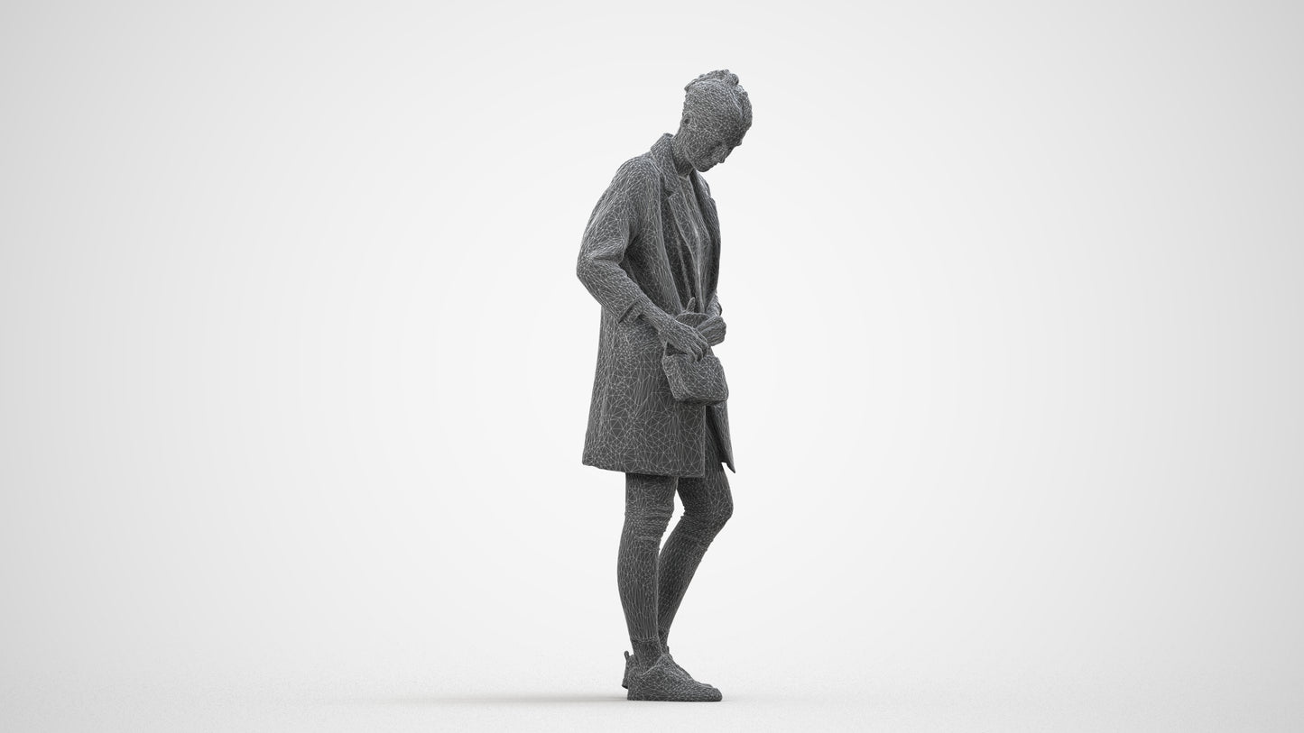 3D people model woman casual standing, scanned human for 3ds Max rendering, wireframe side view