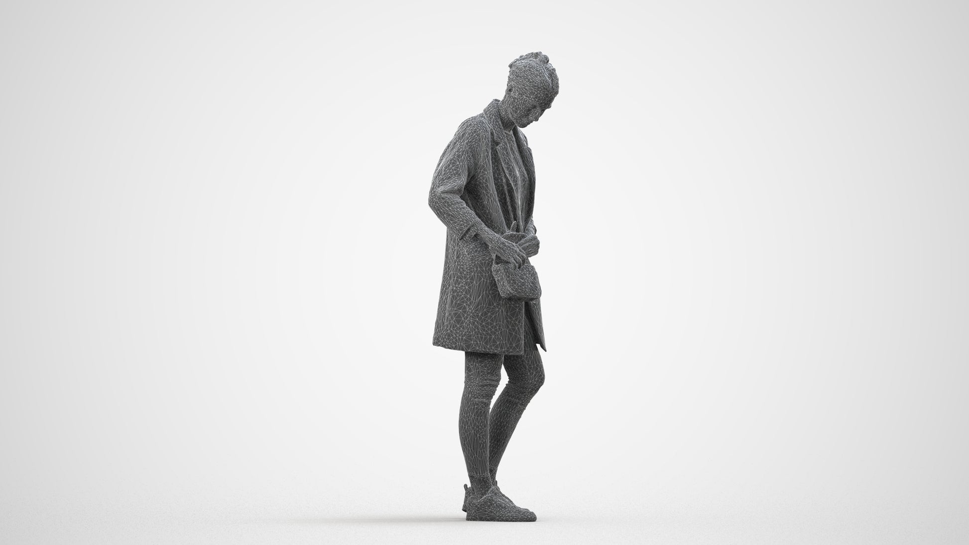 3D people model woman casual standing, scanned human for 3ds Max rendering, wireframe side view