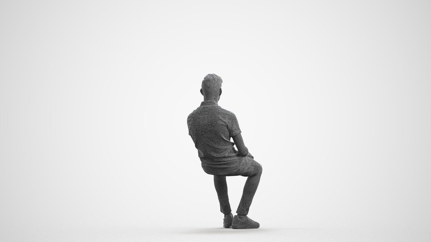 3D scanned man sitting casual, photorealistic archviz people for Enscape and SketchUp, wireframe front view
