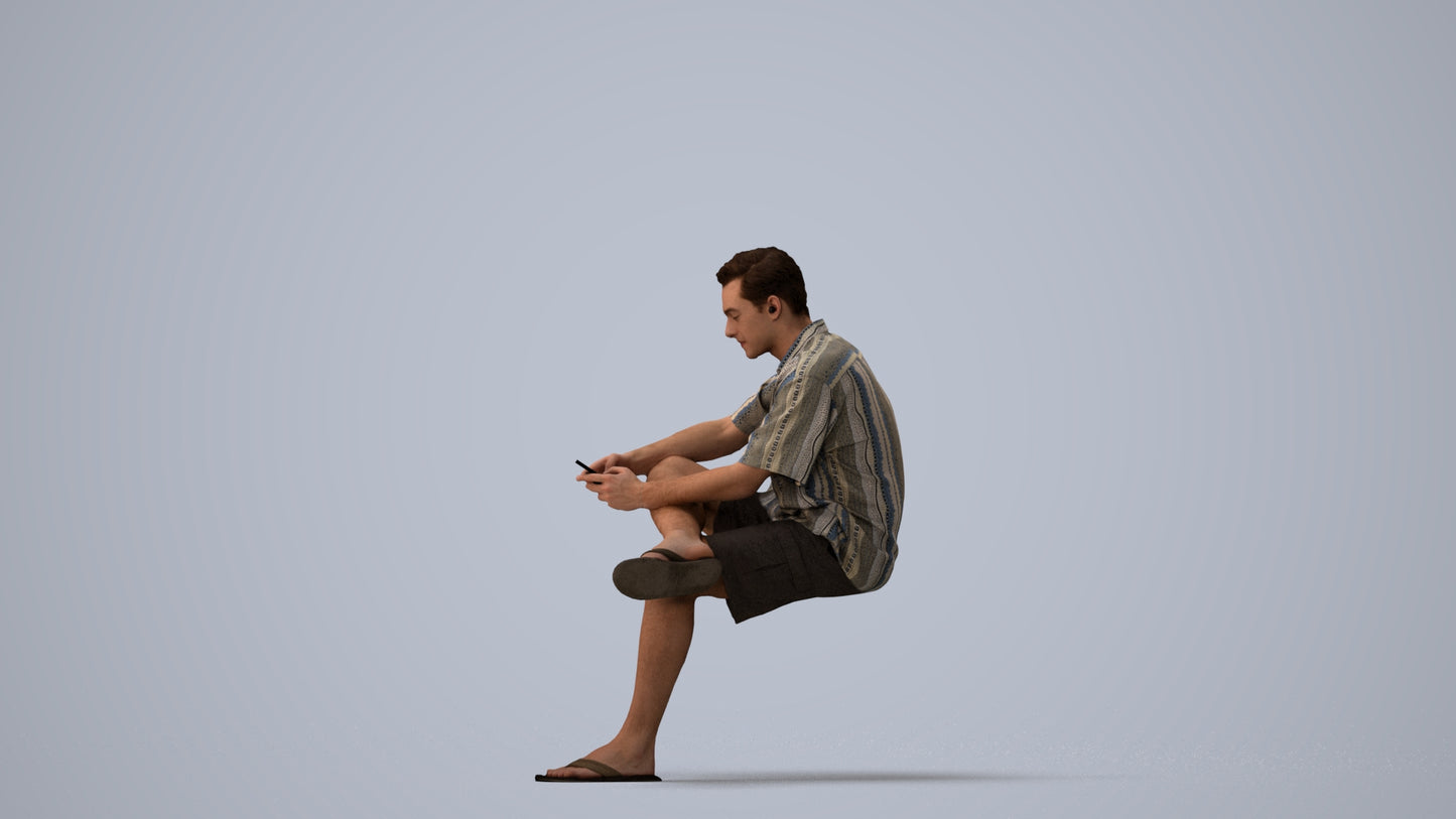 realistic 3D man casual sitting, scanned archviz people for Blender and 3ds Max, three-quarter view render