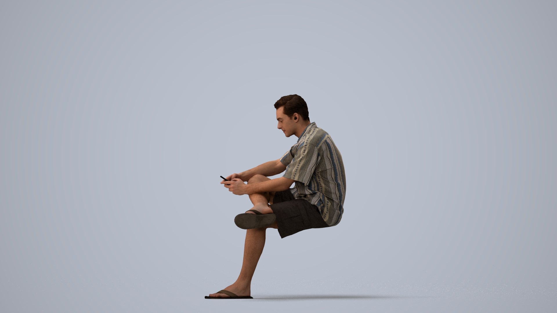 realistic 3D man casual sitting, scanned archviz people for Blender and 3ds Max, three-quarter view render