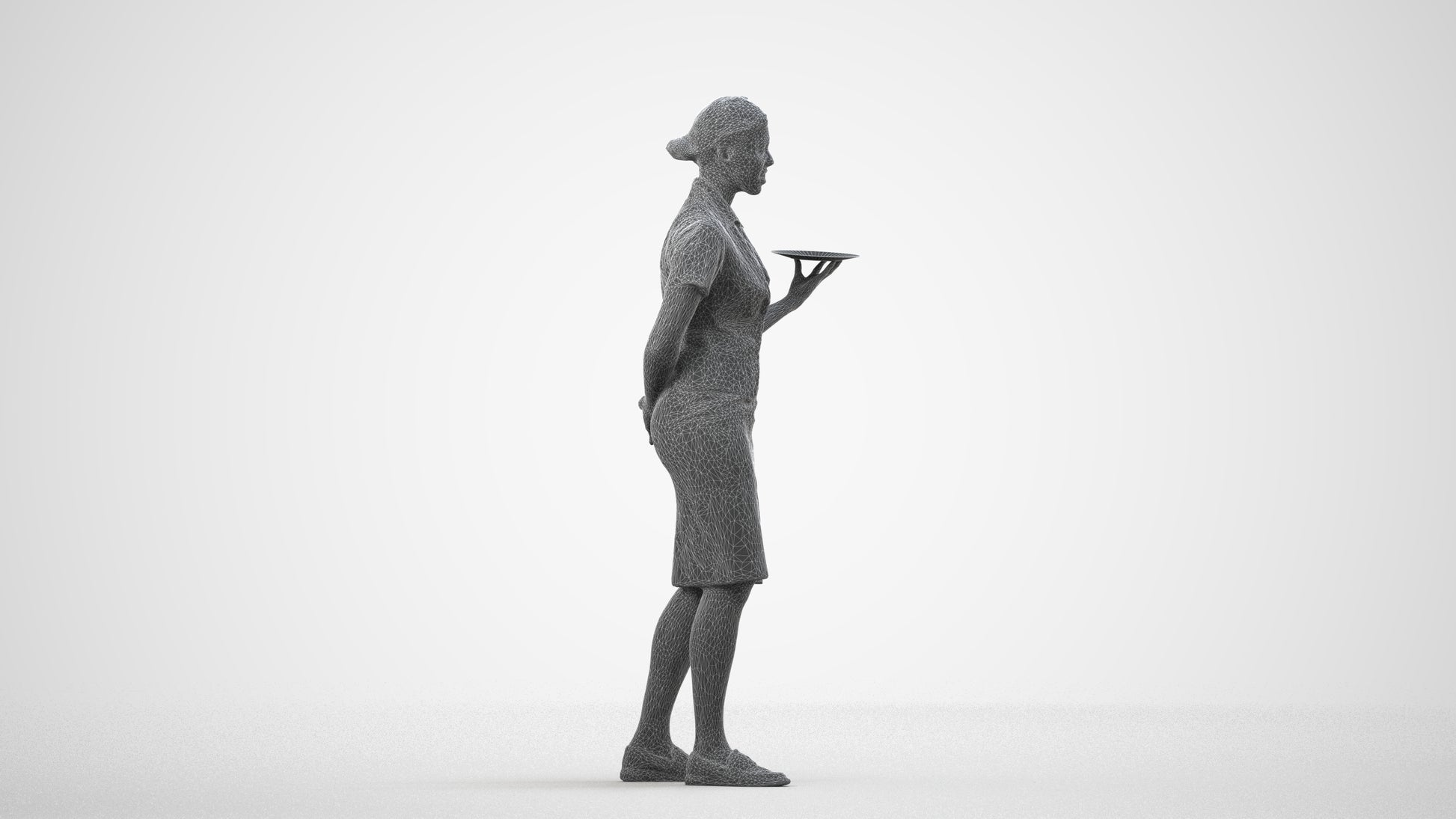 photogrammetry 3D woman hospitality, realistic human model archviz FBX, wireframe side view