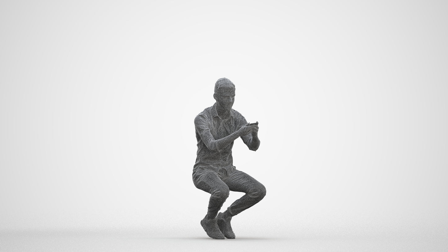 realistic 3D man casual sitting, scanned archviz people for Blender and 3ds Max, three-quarter front view render
