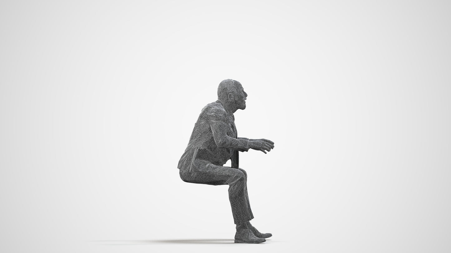 3D scanned senior man business, photorealistic archviz people for Enscape and SketchUp, wireframe side view