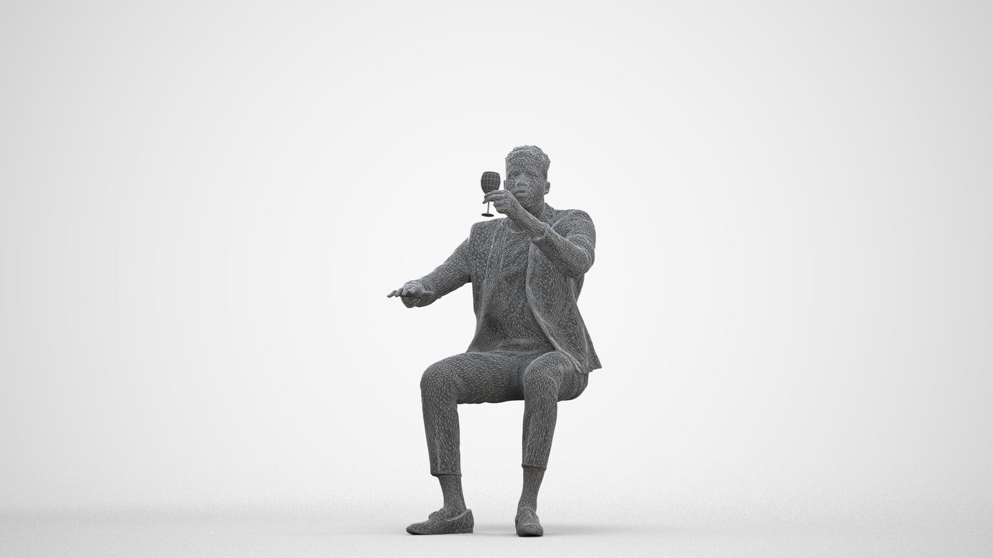 3D scanned man sitting formal, photorealistic archviz people for Enscape and SketchUp, three-quarter front view render
