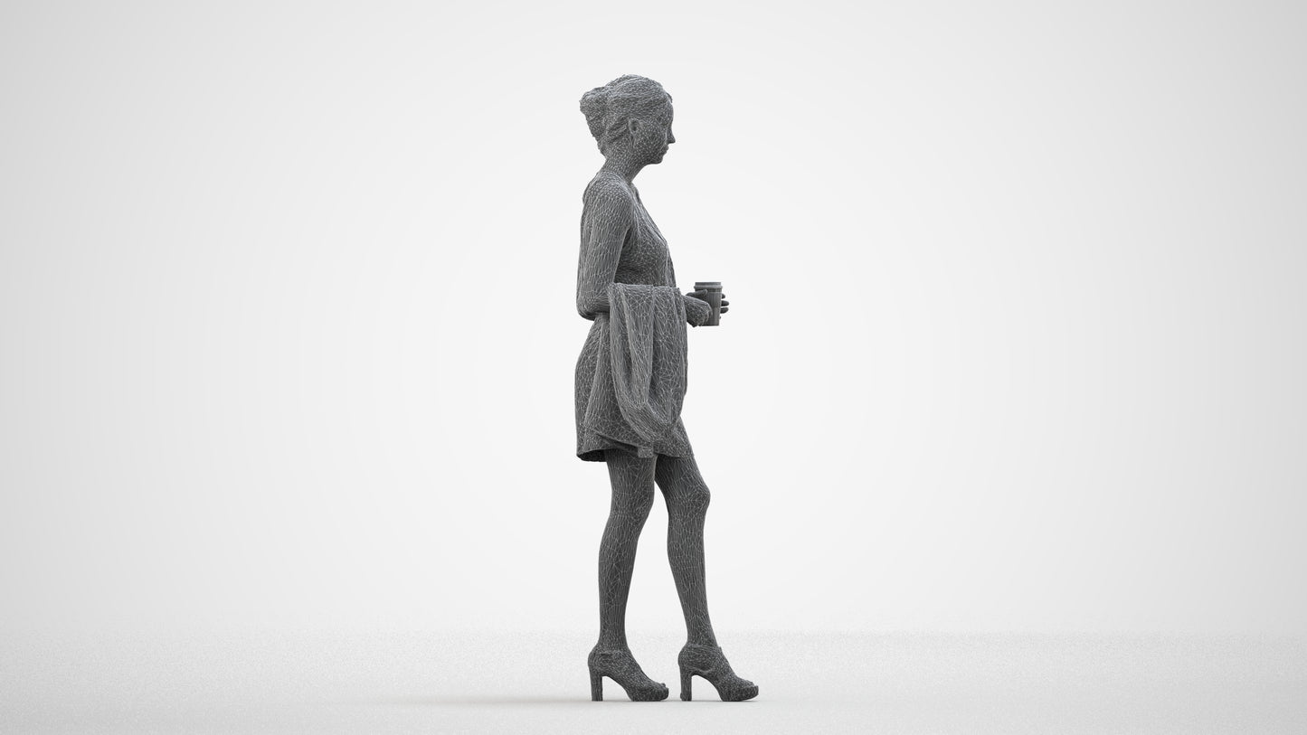 realistic 3D woman business walking, scanned archviz people for Blender and 3ds Max, wireframe side view